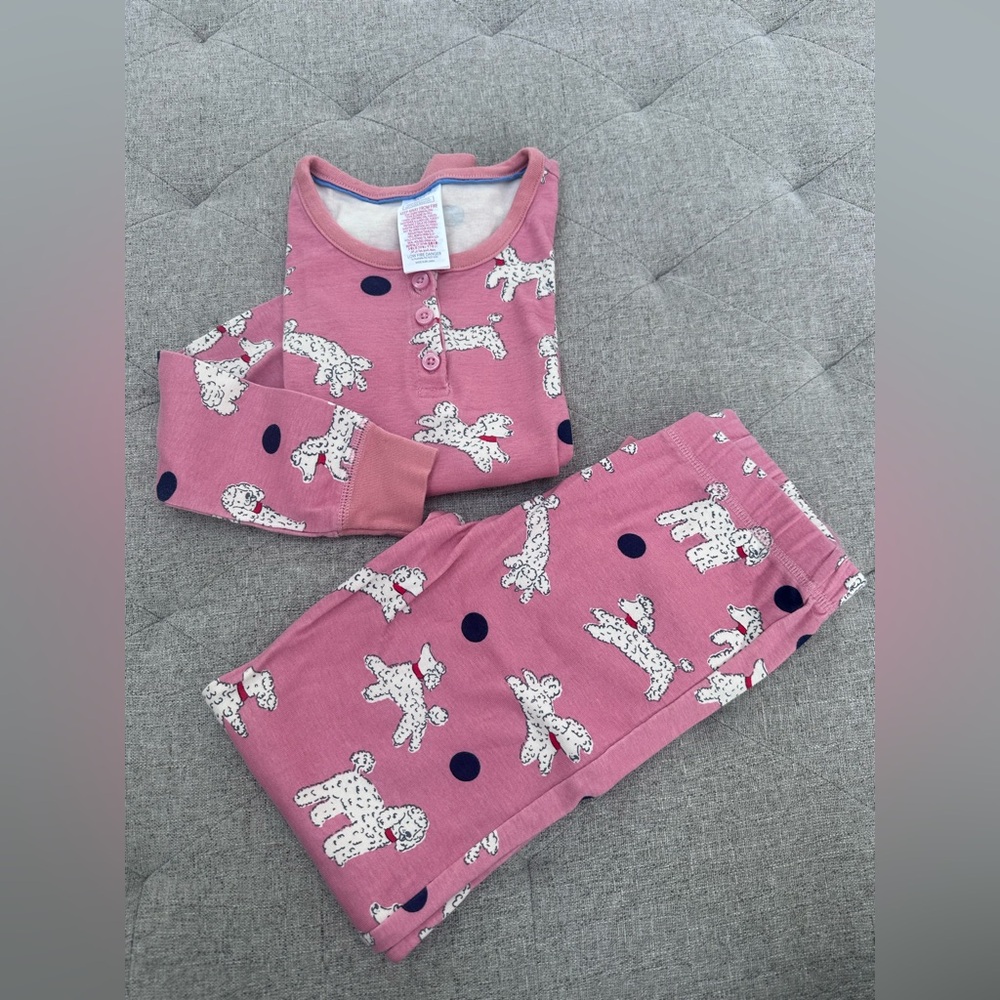 EUC MINI BODEN WHITE POODLE PINK POLKA DOT LONG SLEEVE PAJAMAS DOG PJS SIZE 9
